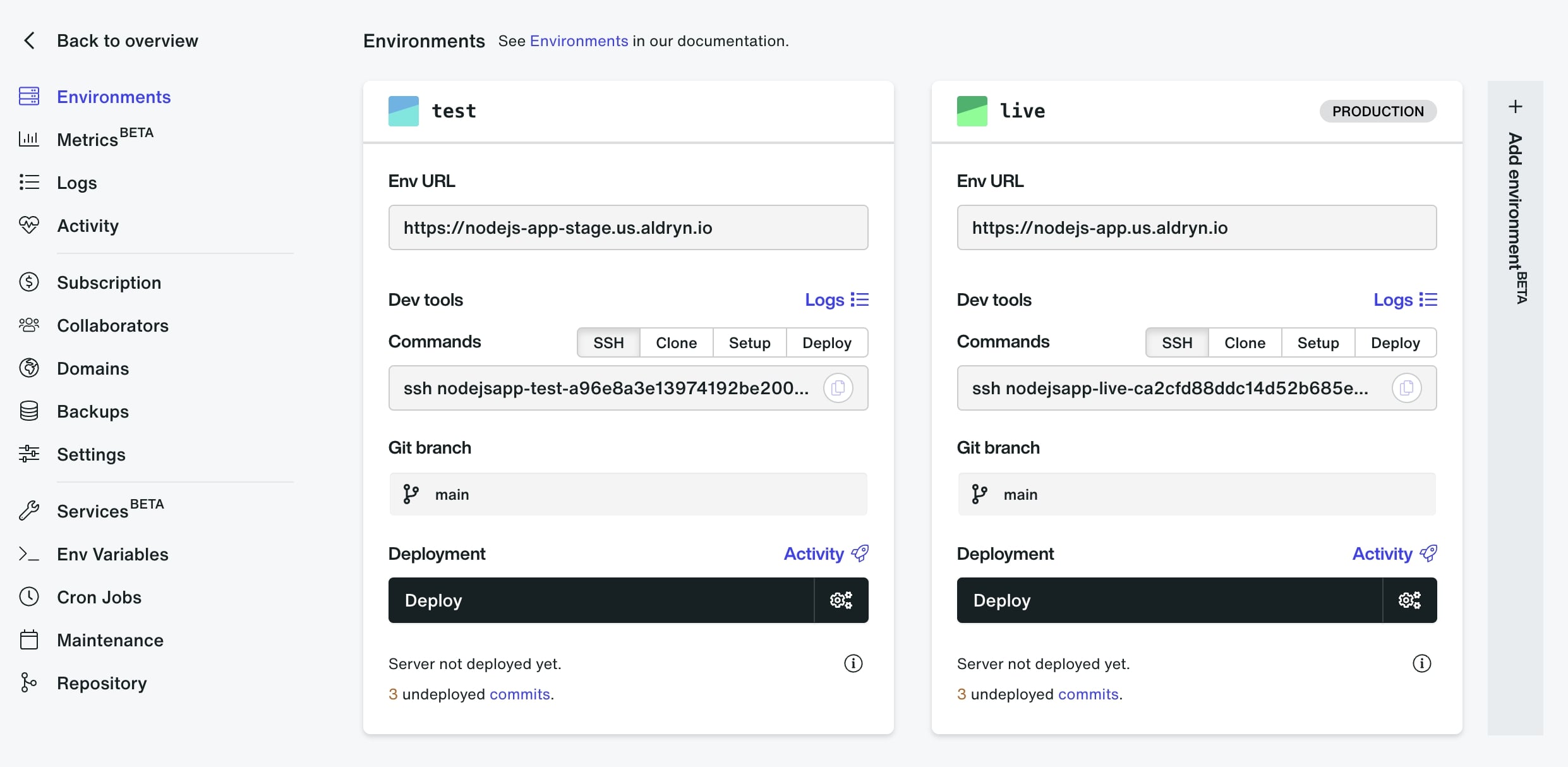 Divio control panel Node.js